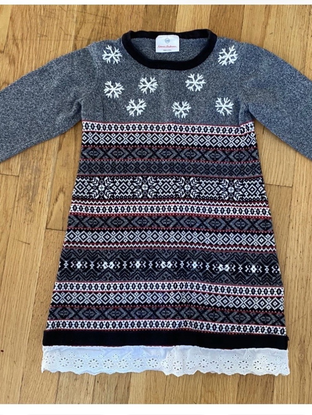 Hanna Andersson Gray Knit Fair Isle Snowflake Dress with Lace Trim Size 120